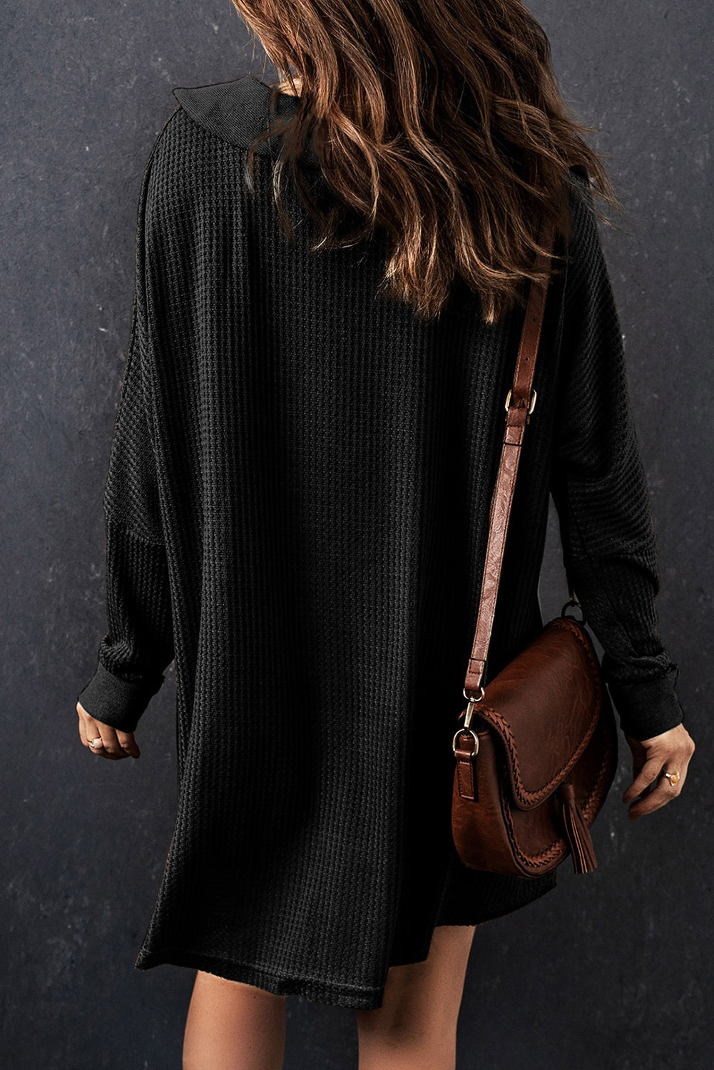 Brown Waffle Knit Buttoned Long Sleeve Top eAura