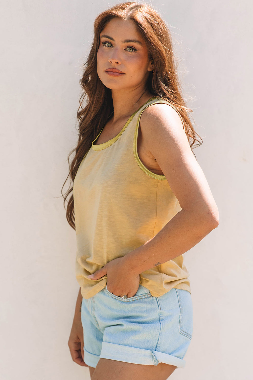 Tan Metallic Sheen Edge Scoop Neck Tank Top eAura