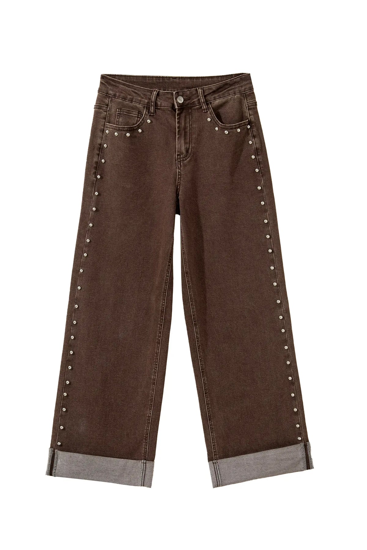 Studded Detail Straight Leg Casual Loose Jeans – Black