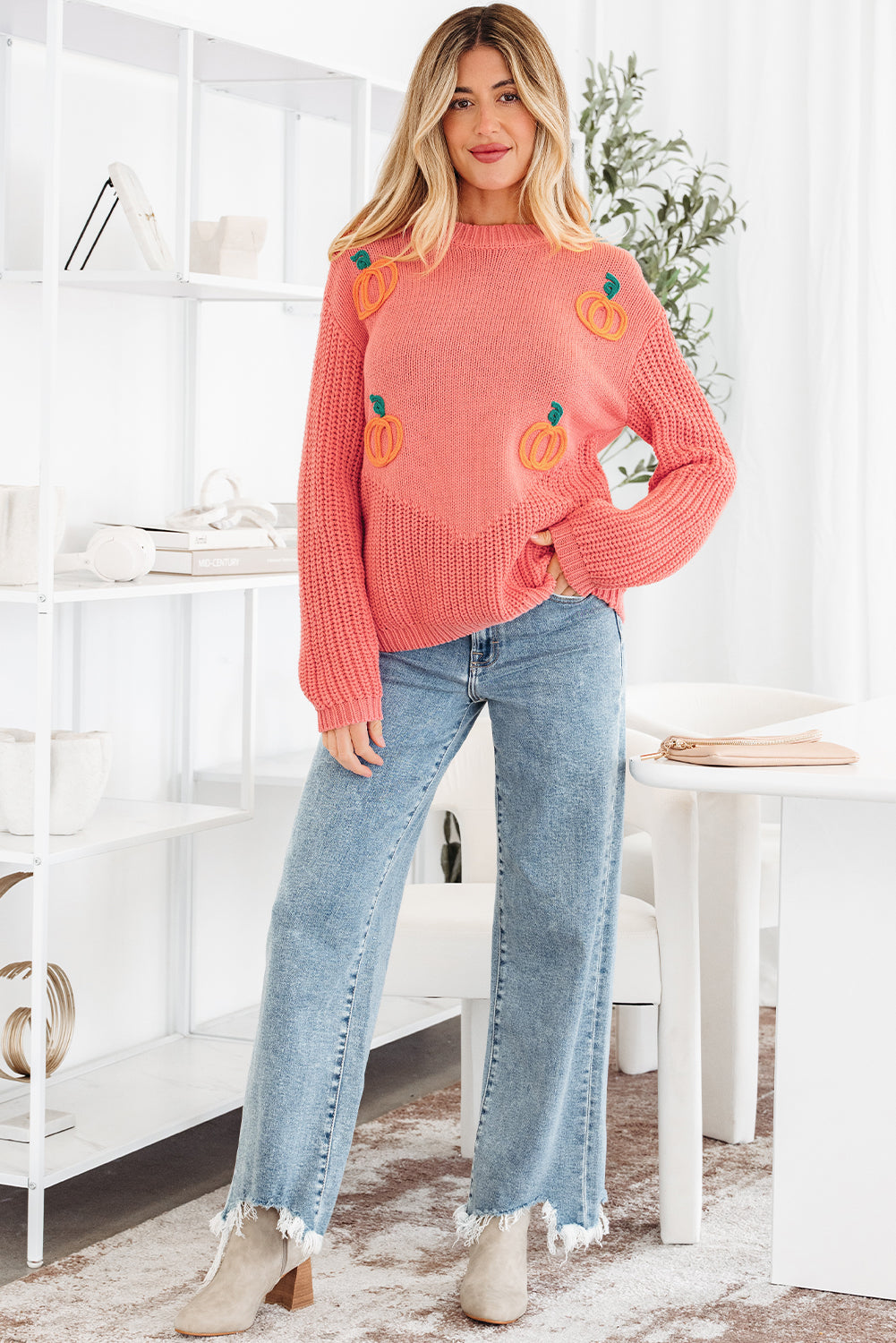 Pumpkin Embroidered Thanksgiving Holiday Sweater - Sweaters & Cardigans/Sweaters