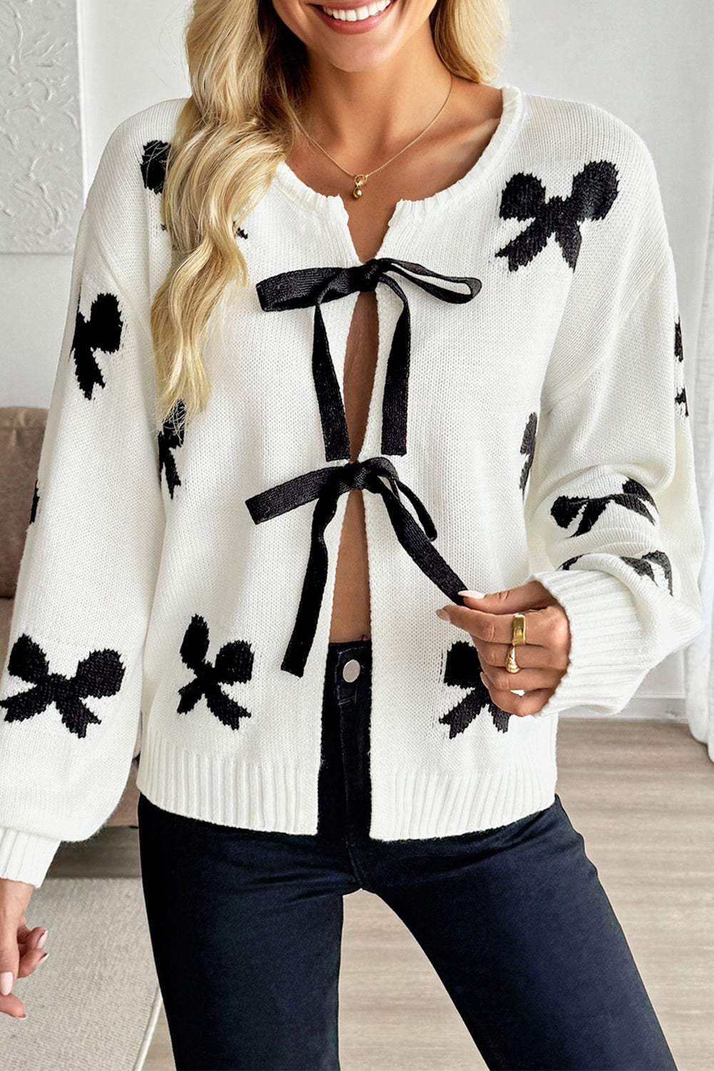 White Lace-up Bow Pattern Sweater Cardigan - eAura