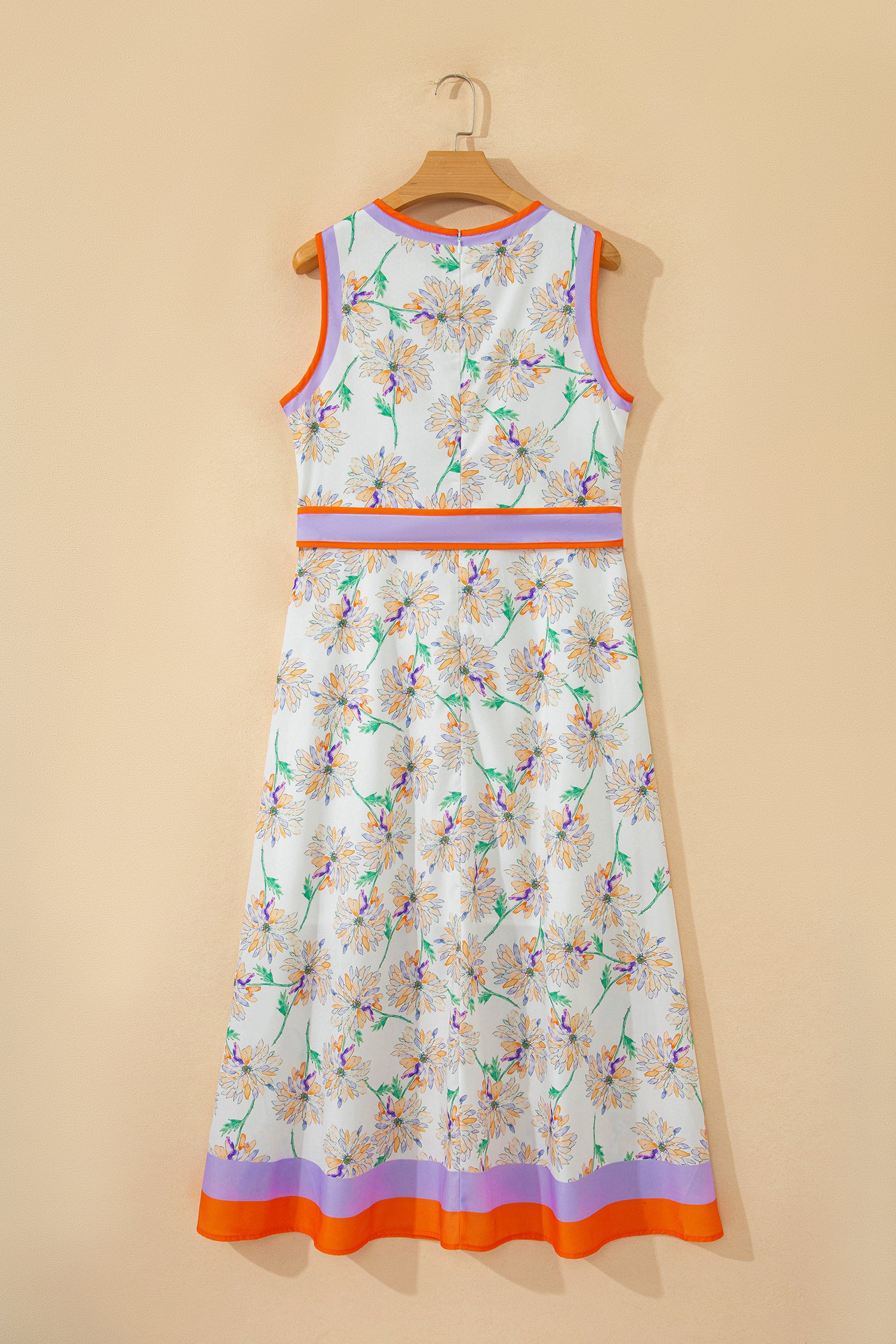 Floral Print Colour Block Trim Belted Sleeveless Maxi Dress