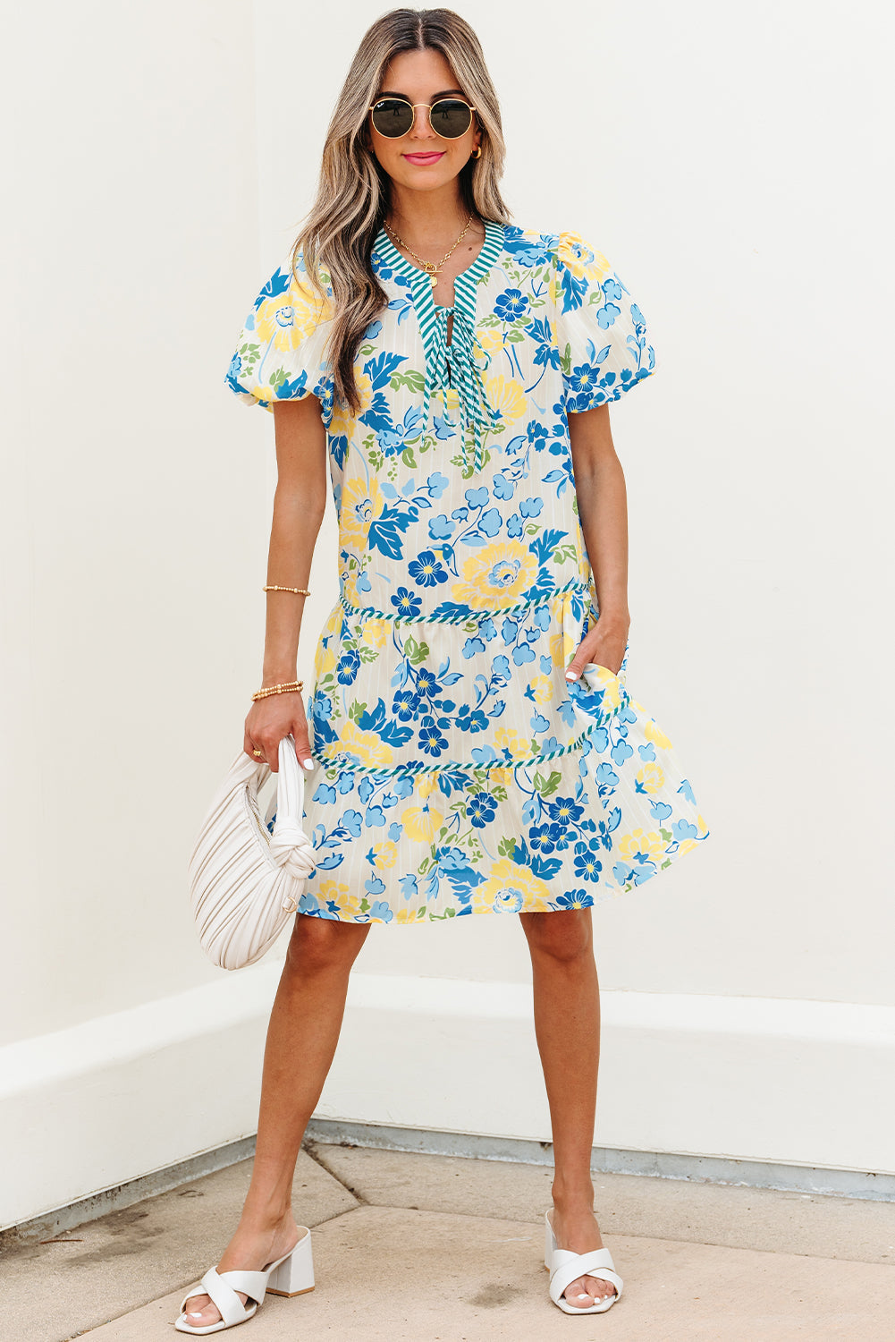 Blue Floral Striped Trim Puff Short Sleeve Dress eAura