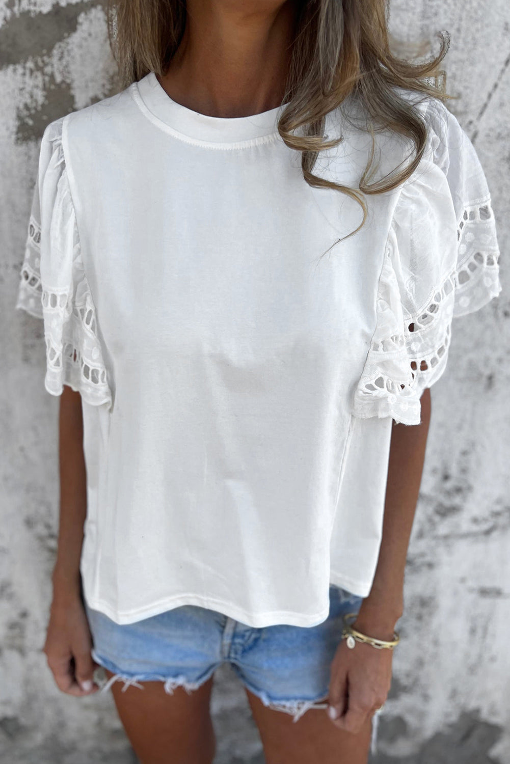 White Hollow Out Embroidered Short Sleeve O Neck Top eAura
