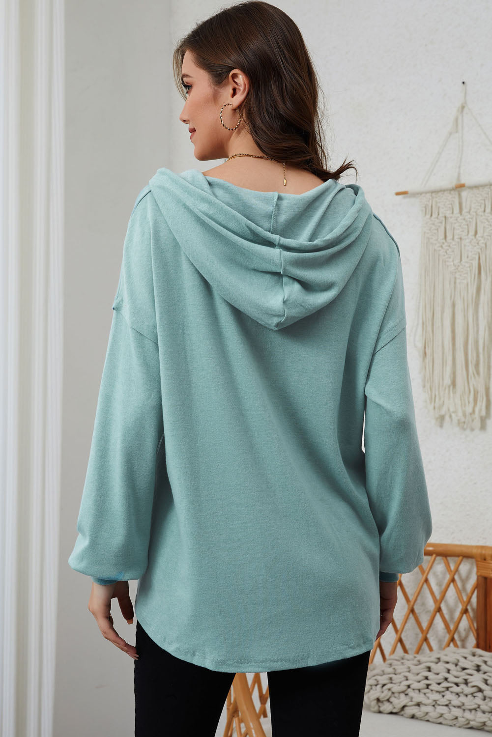 Buttoned High and Low Hem Hoodie eAura
