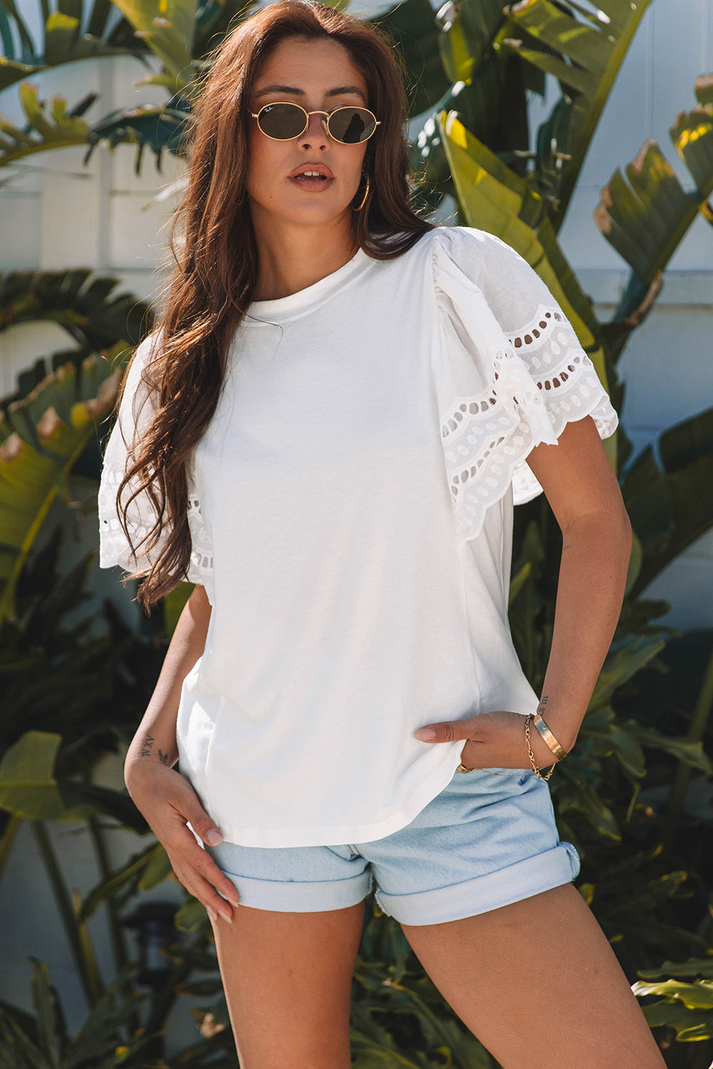 White Hollow Out Embroidered Short Sleeve O Neck Top eAura