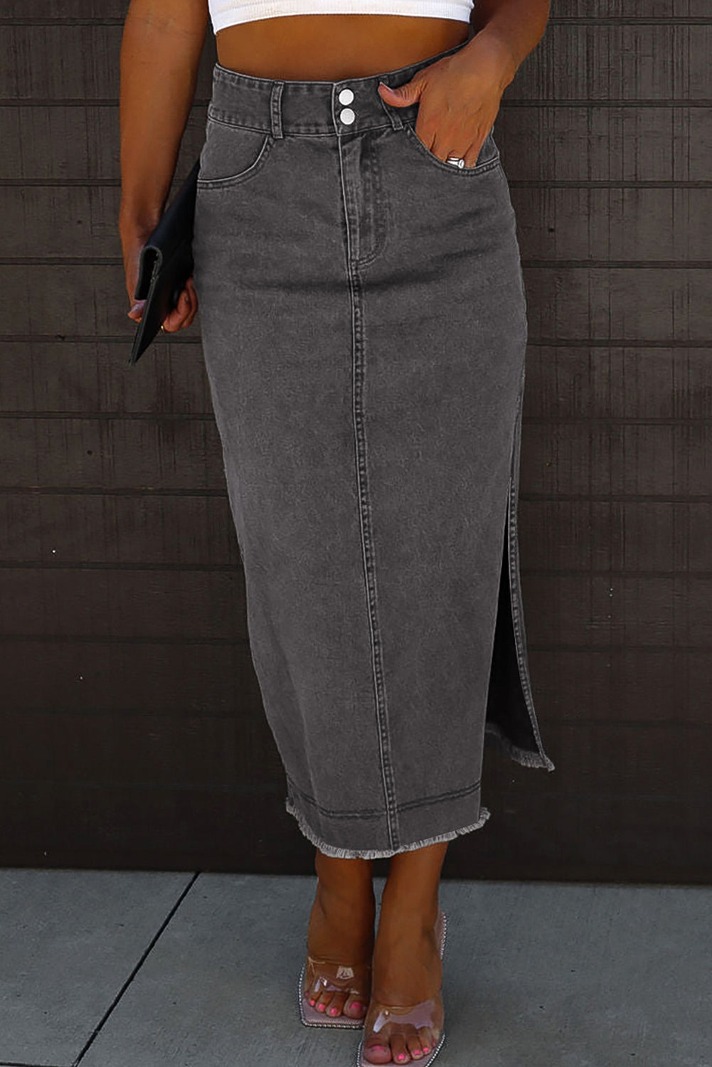 Black Raw Edge Side Slits Buttoned Midi Denim Skirt eAura