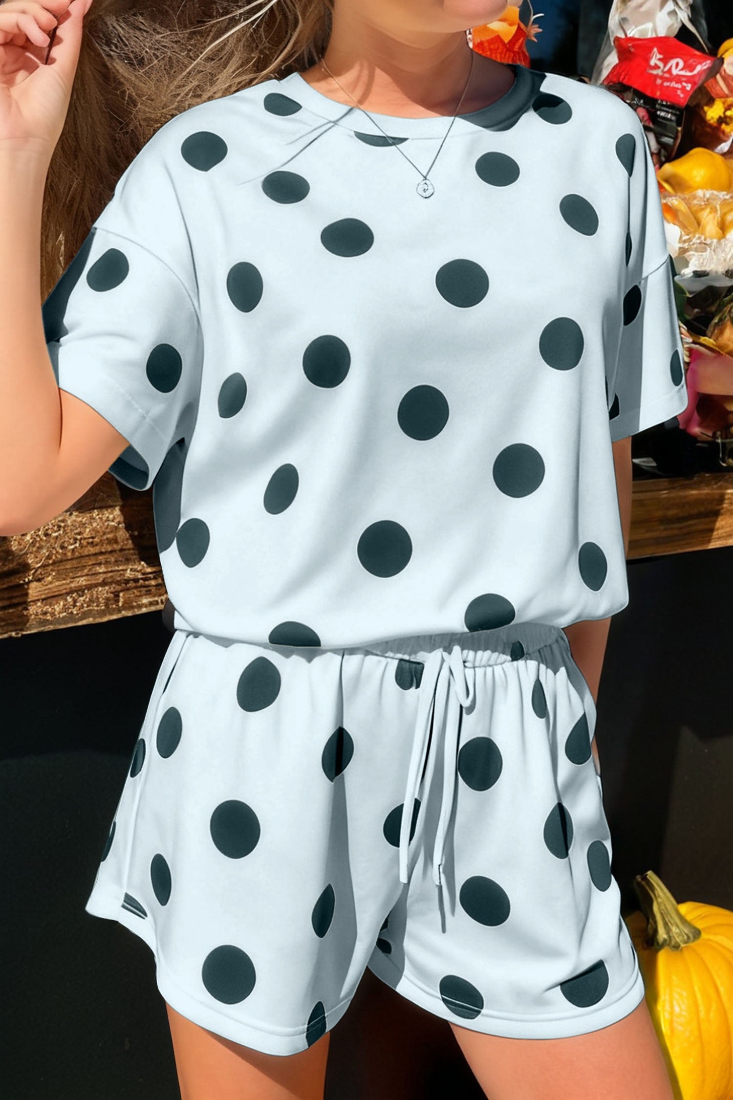 Polka Dot Print Loose Tee Drawstring Elastic Waist Short Co-ord Set