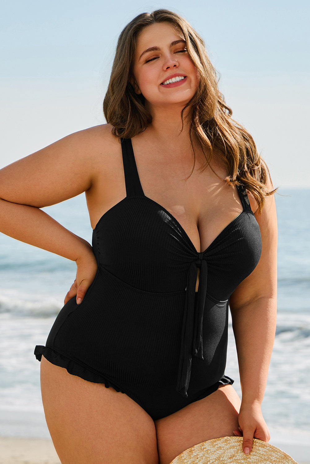 Black Plus Size Textured Knotted Ruffled Trim One Piece Swimwear BB Fashion Outlet