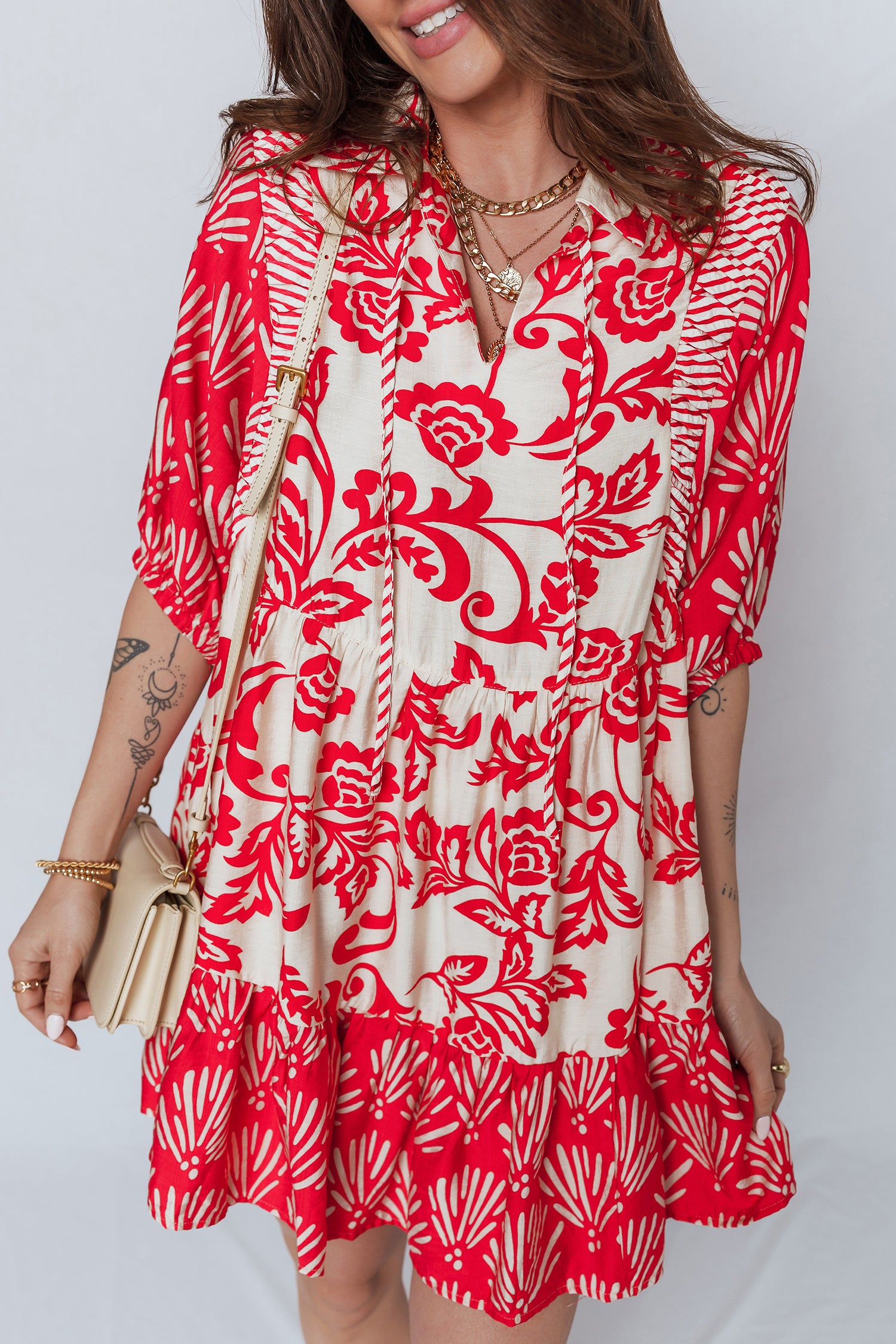 Collared V-Neck Half Sleeve Loose Floral Mini Dress