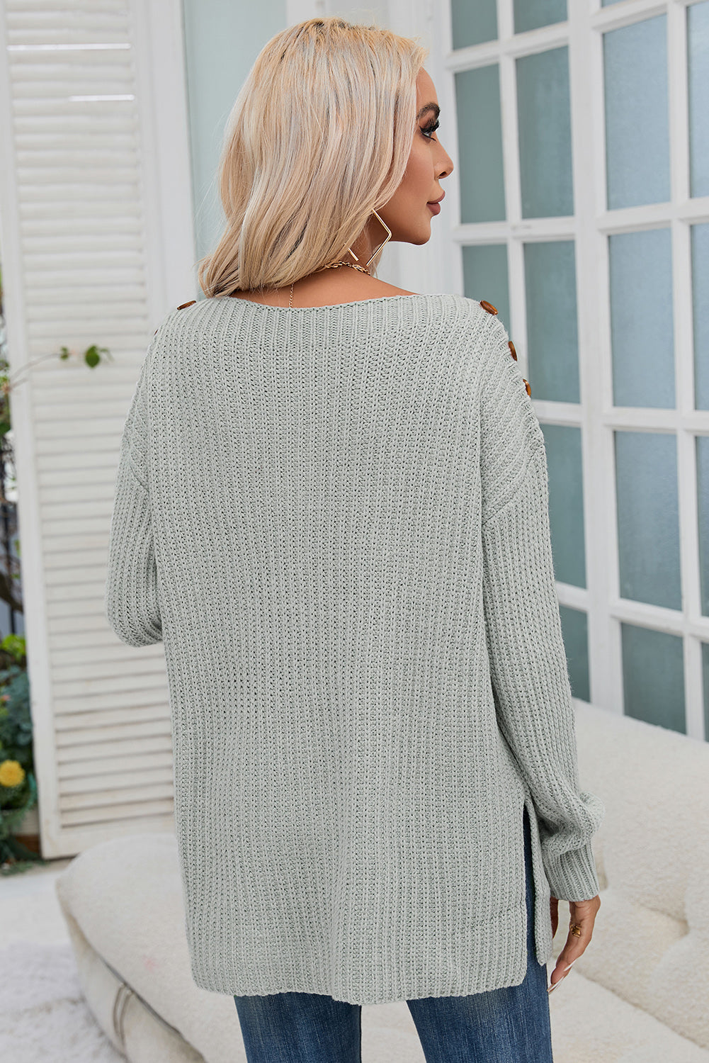 Grey Buttoned Drop Shoulder Oversized Sweater eAura
