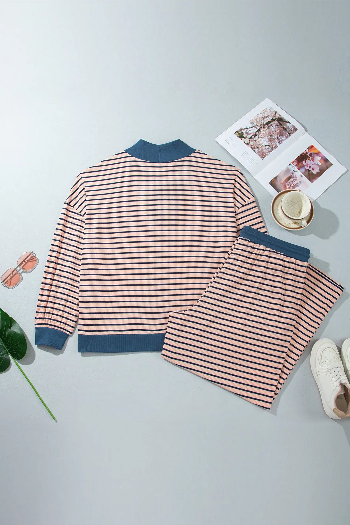 Striped Colourblock V Neck Long Sleeve Plus Size Set – Pink Stripe