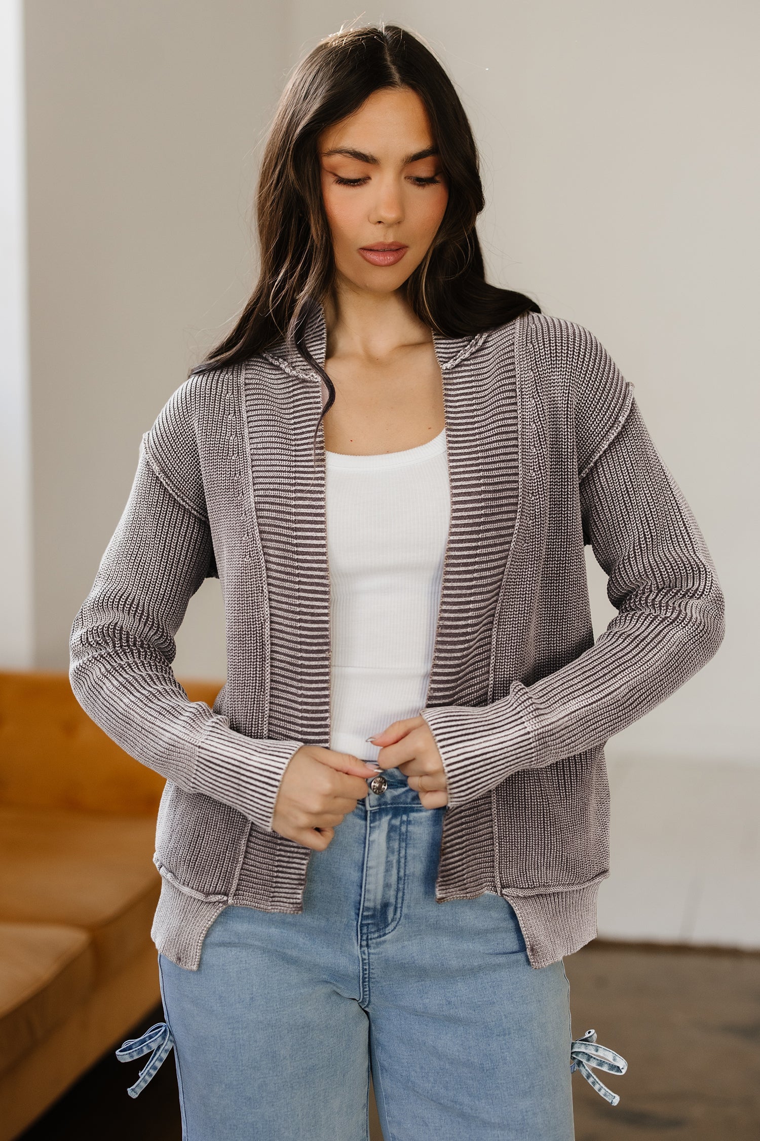 Mineral Wash Exposed Seam Patchwork Knit Open Sweater Cardigan - Sweaters & Cardigans/Cardigans