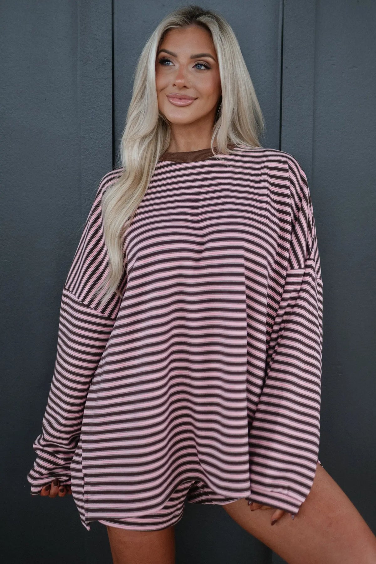 Brown Stripe Long Sleeve Oversized Top Pocketed Casual Shorts Two Piece Set