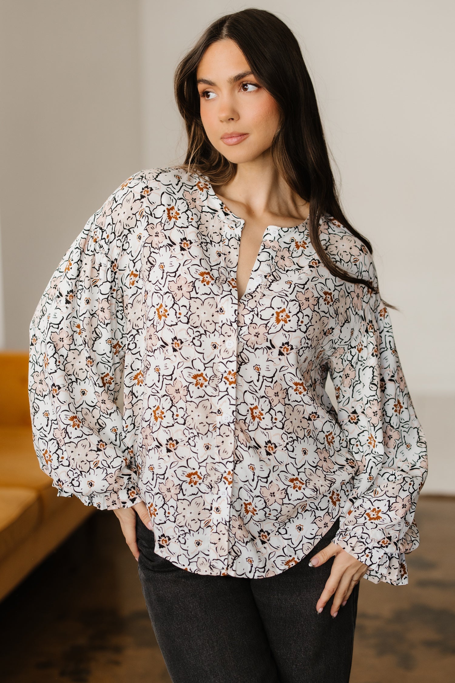 Bold Floral Print Frilled Puff Sleeve Button Down Shirt - Tops/Blouses & Shirts