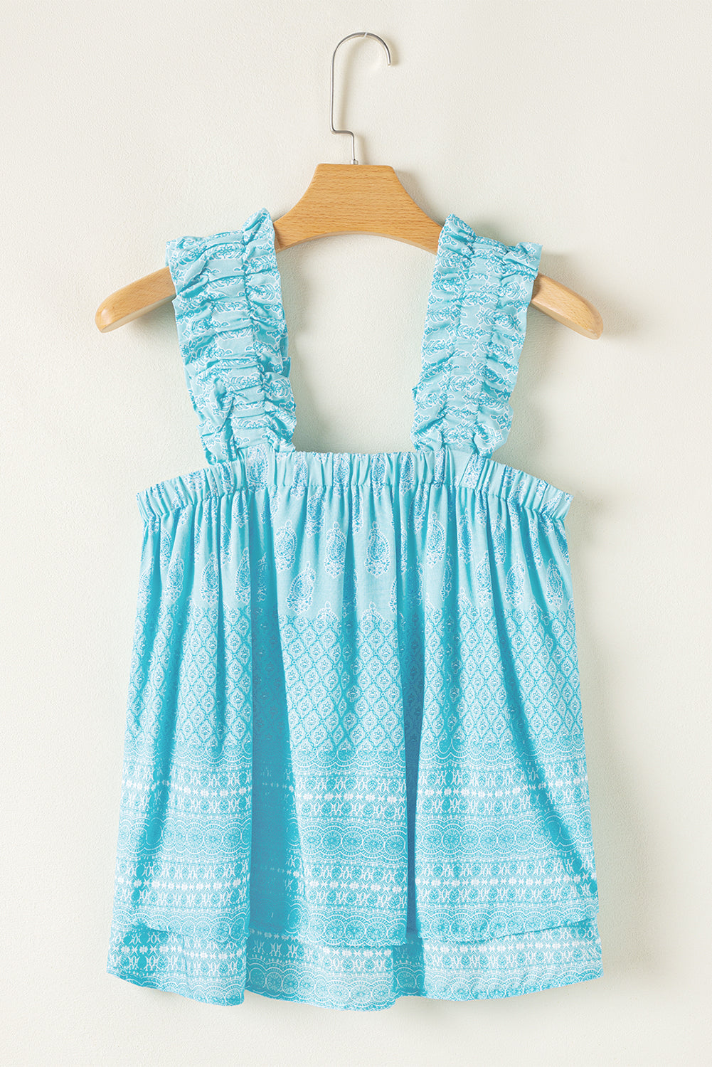 Sky Blue Tribal Pattern Print Ruffled Wide Straps Loose Tank Top eAura