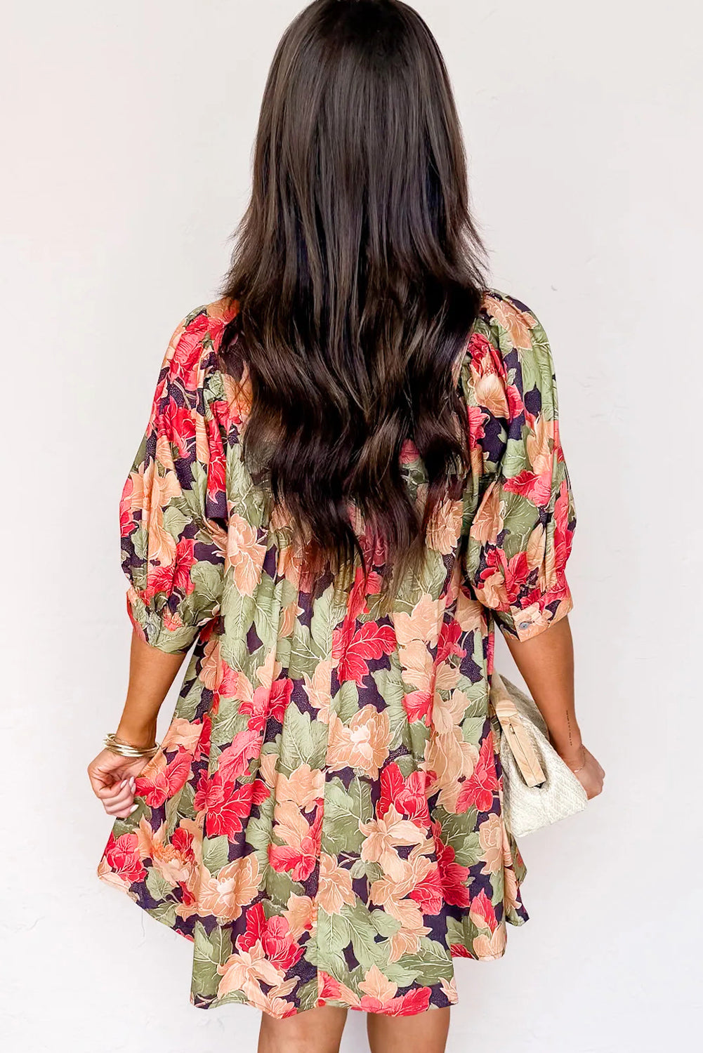 Floral Print Frilled Collar V-Neck Half Sleeve Mini Dress - eAura