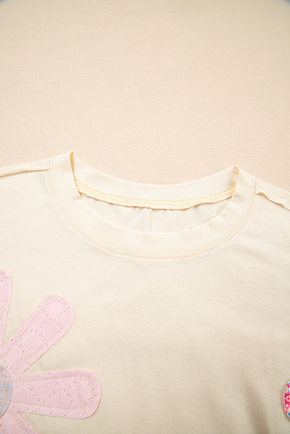 Apricot Flower Patched Exposed Stitching Trim Crew Neck Loose Tee eAura