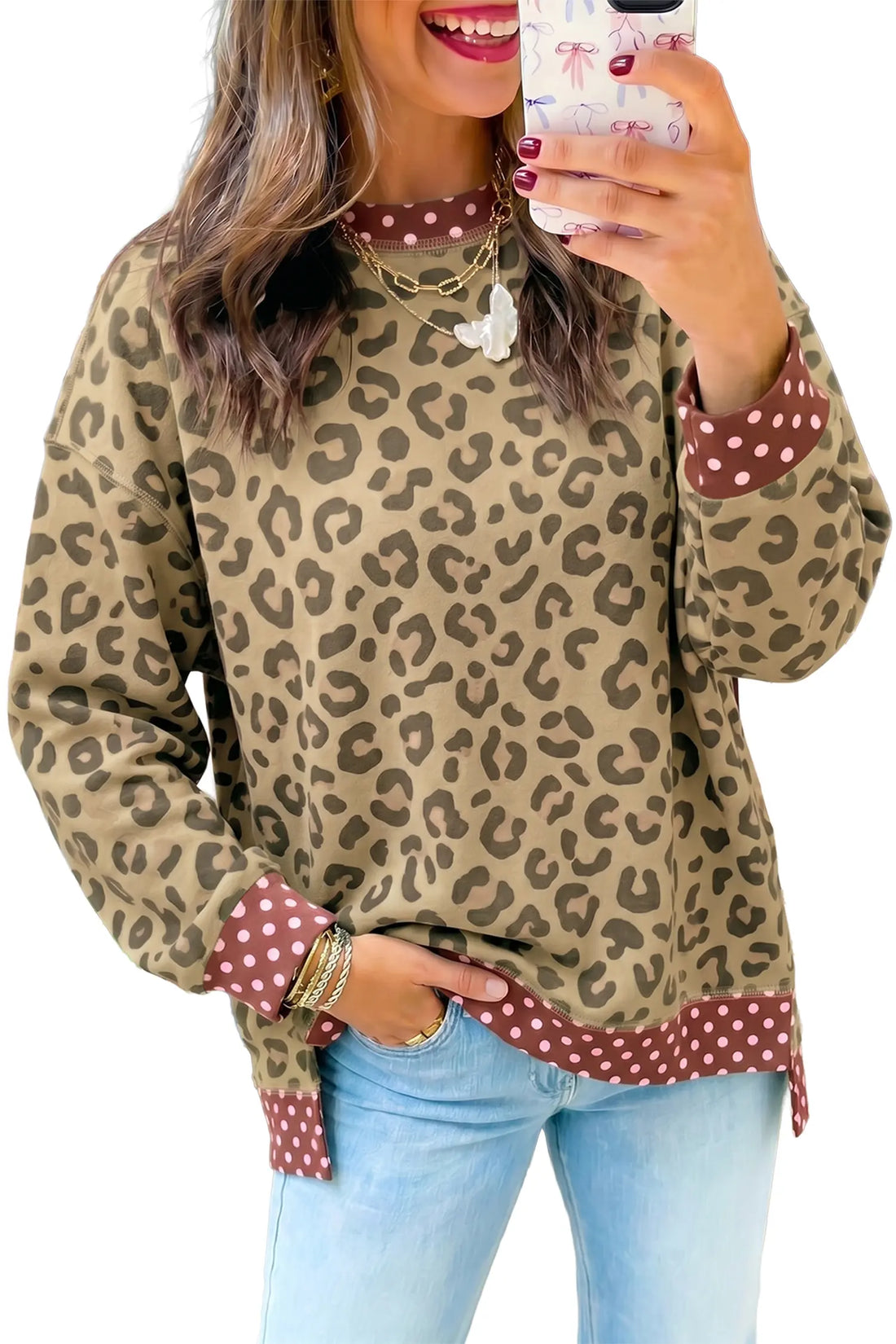 Leopard Polka Dot Colourblock Trim Long Sleeve Top