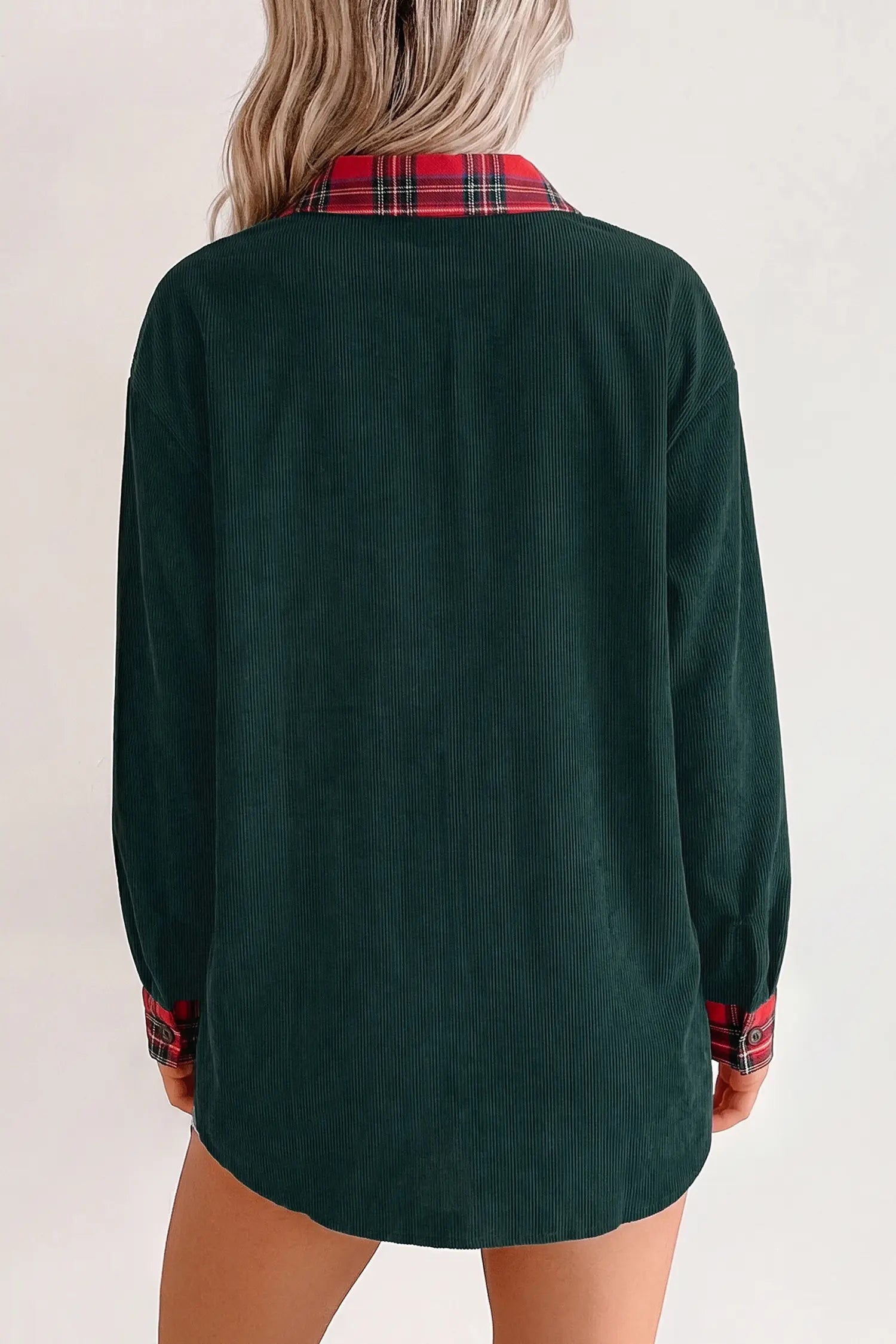 Blackish Green Plaid Pocket Button Long Sleeve Shift Shacket