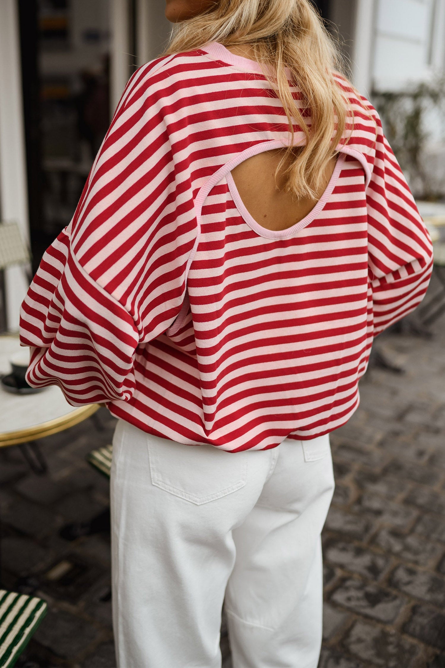 Cutout Open Back Long Sleeve Loose Top – Red Stripe