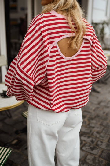 Cutout Open Back Long Sleeve Loose Top – Red Stripe