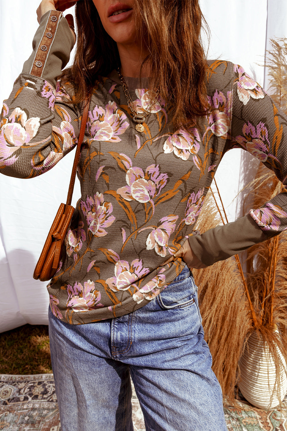 Brown Floral Print Waffle Textured Long Sleeve Top - eAura