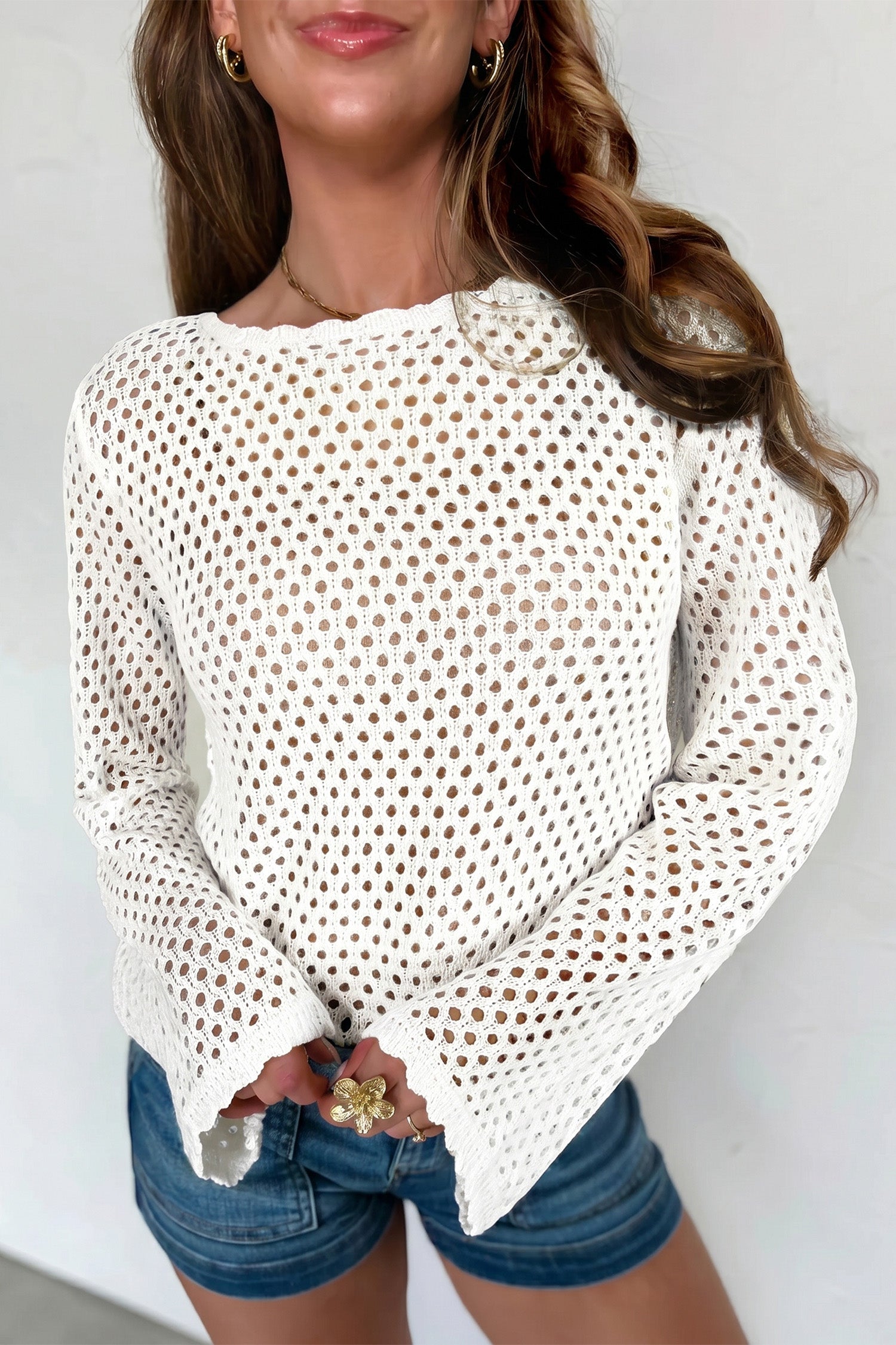 Scalloped Trim Hollow Out Knit Long Sleeve Top – Yellow Cream