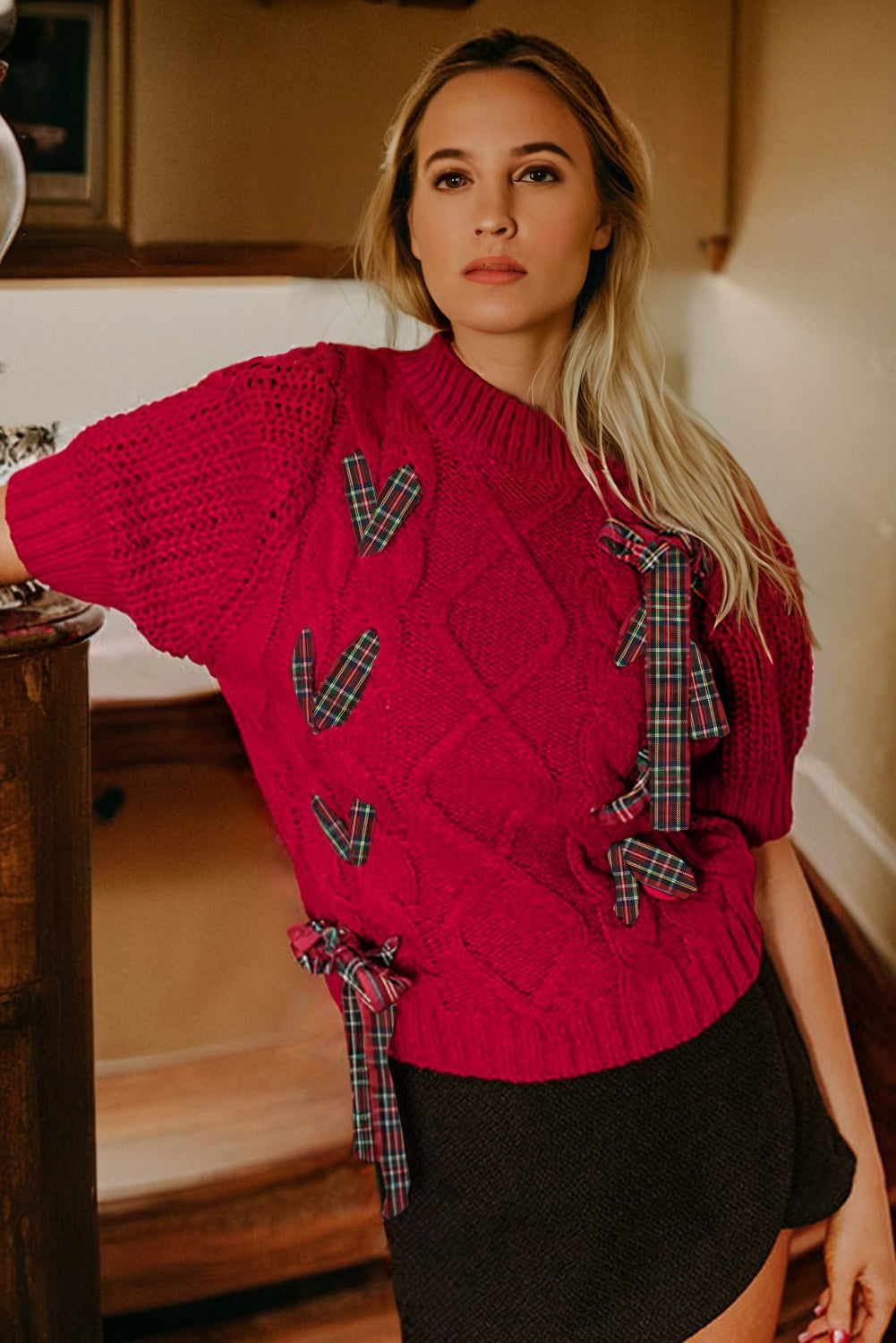 Plaid Lace up Detail Christmas Holiday Puff Short Sleeve Sweater - eAura