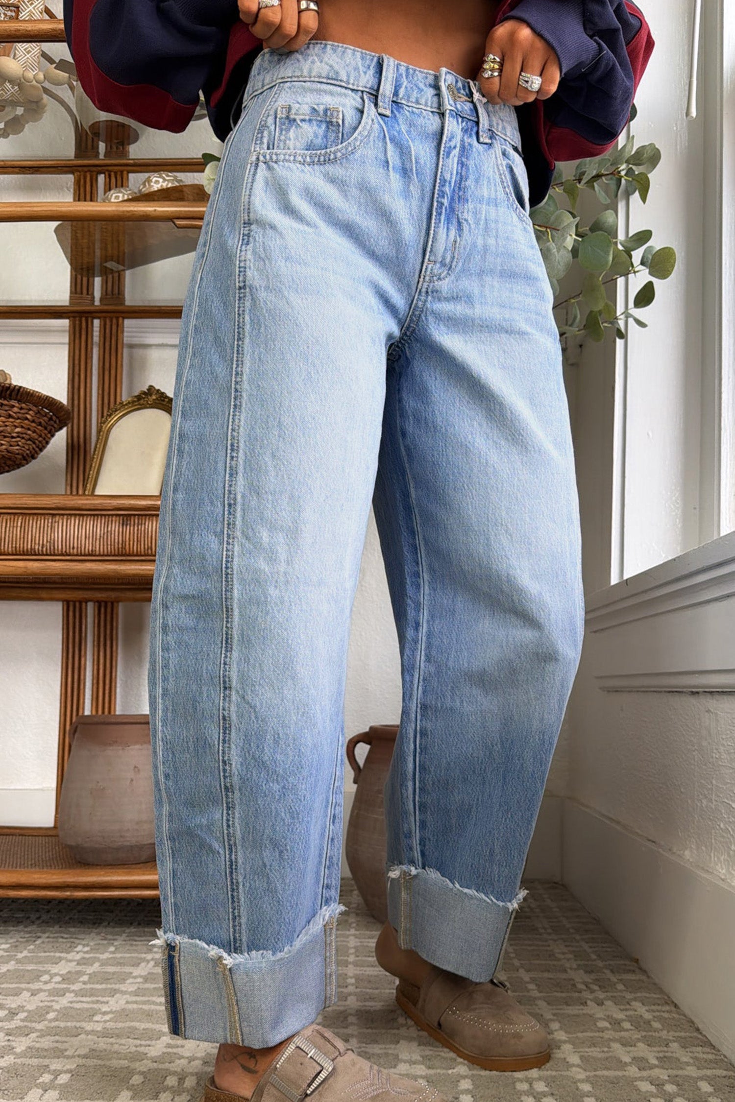 Raw Hem Turnup Loose Ankle-length Jeans – Sail Blue