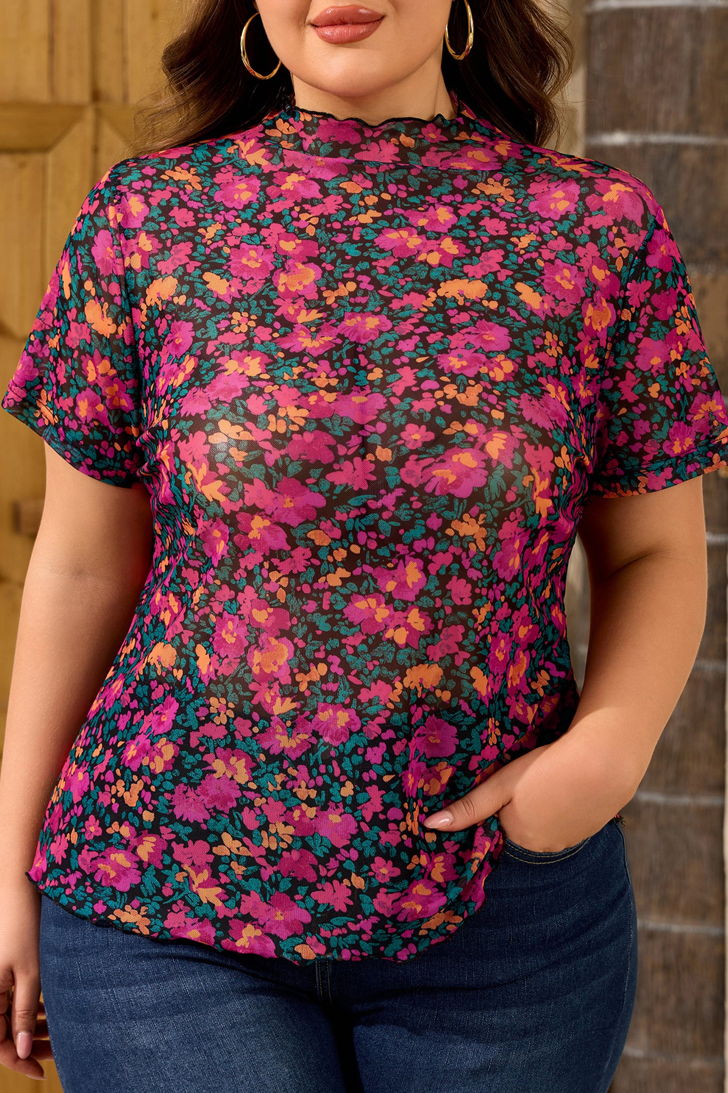 Plus Size Floral Print Sheer Mesh Short Sleeve Top – Rose