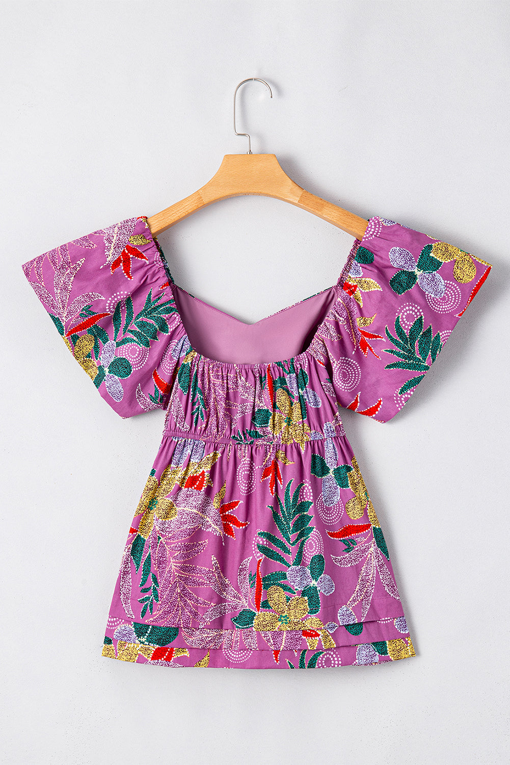 Purple Floral Print Sweetheart Neck Flutter Sleeve Blouse eAura