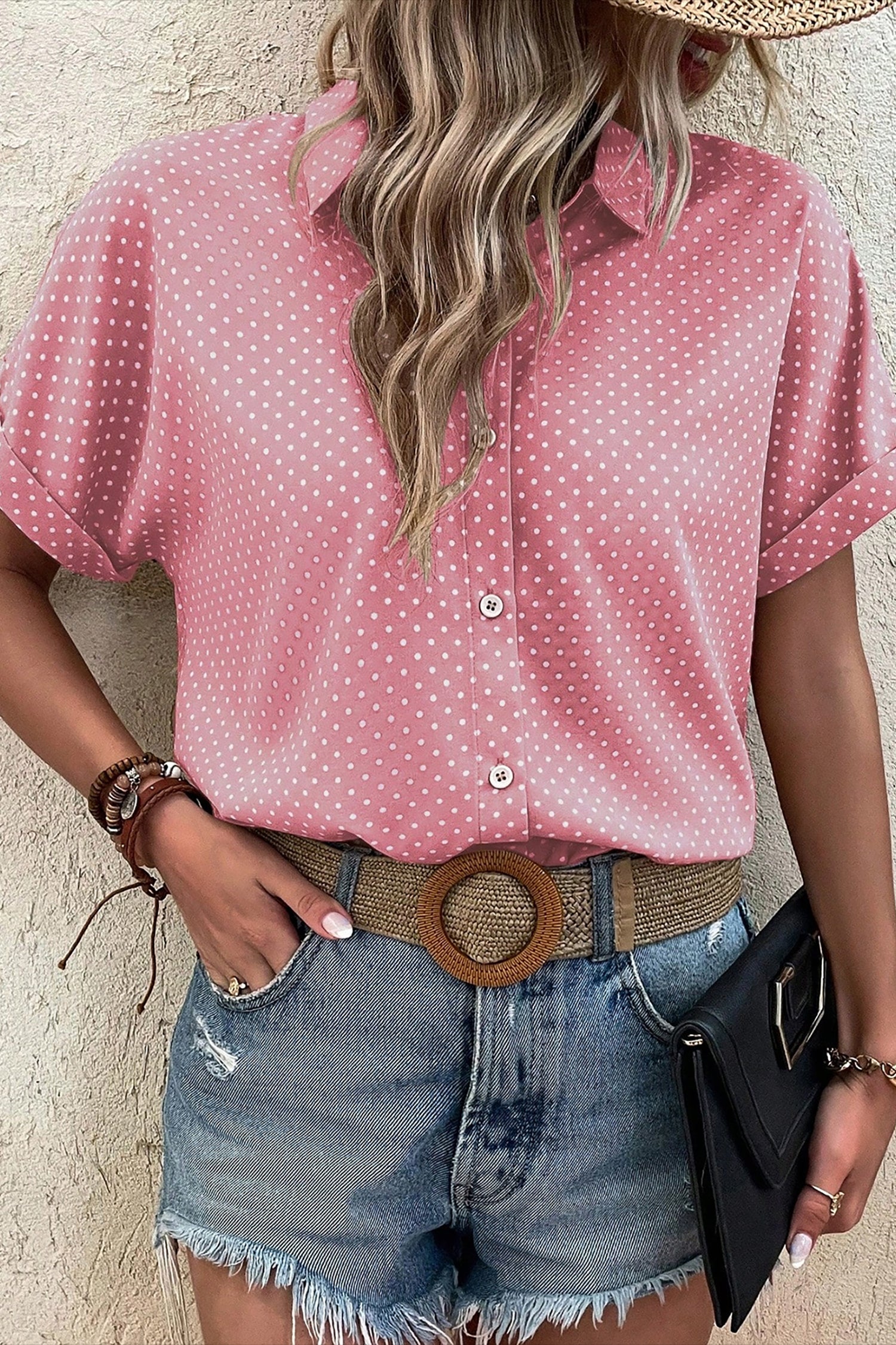 Dotted Print Cuffed Short Sleeve Shirt