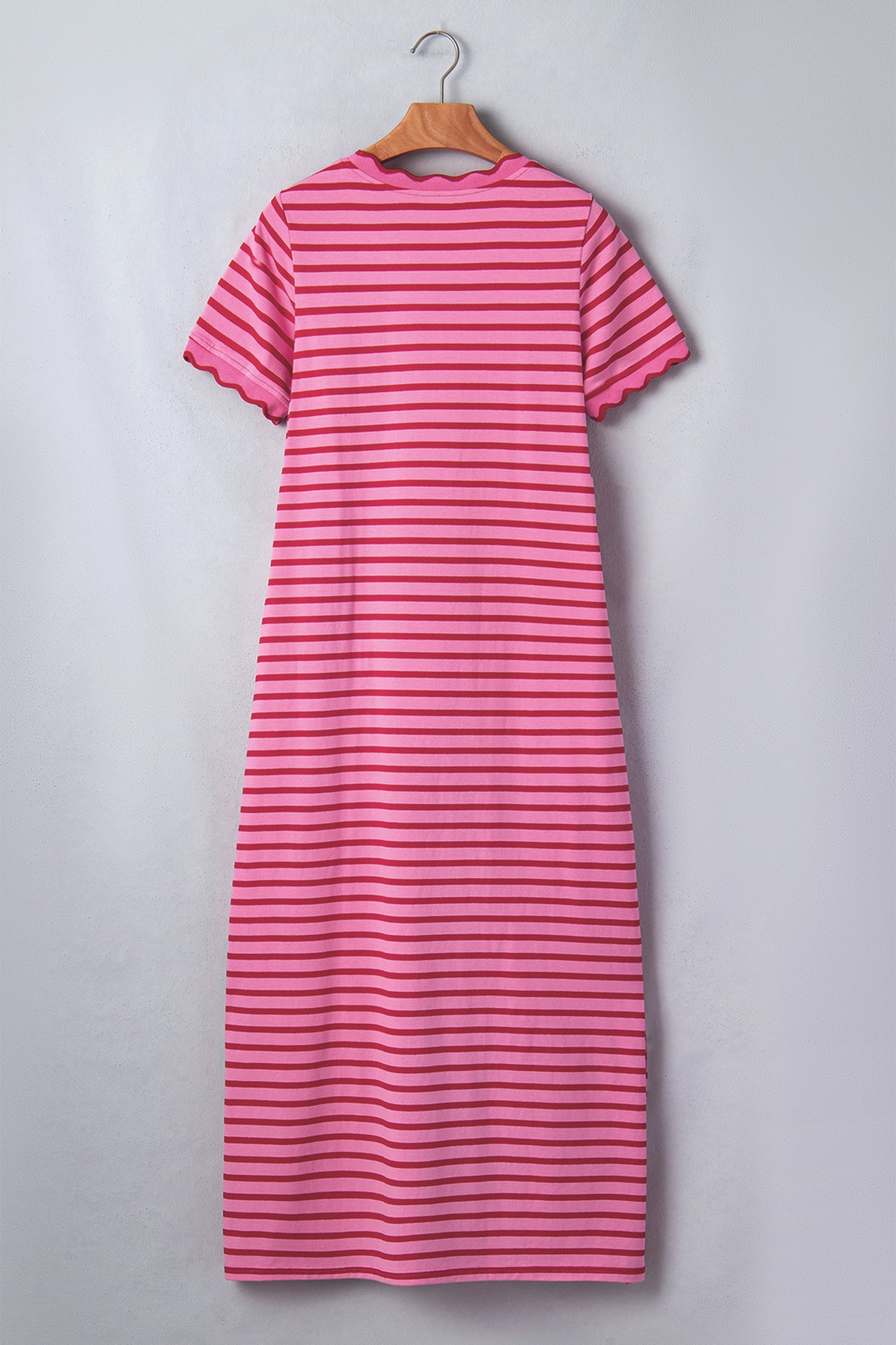 Striped Short Sleeve Scalloped Trim Side Slit T-Shirt Dress – Rose Stripe