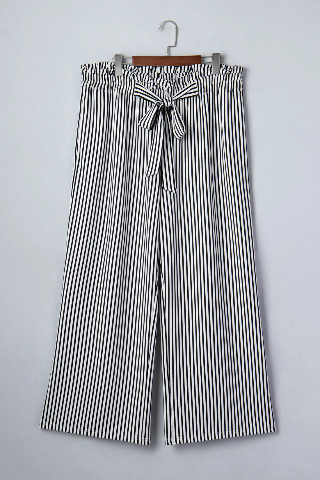 Plus Size Black Stripe Wide Leg Pants – Ruffle Bow Waist