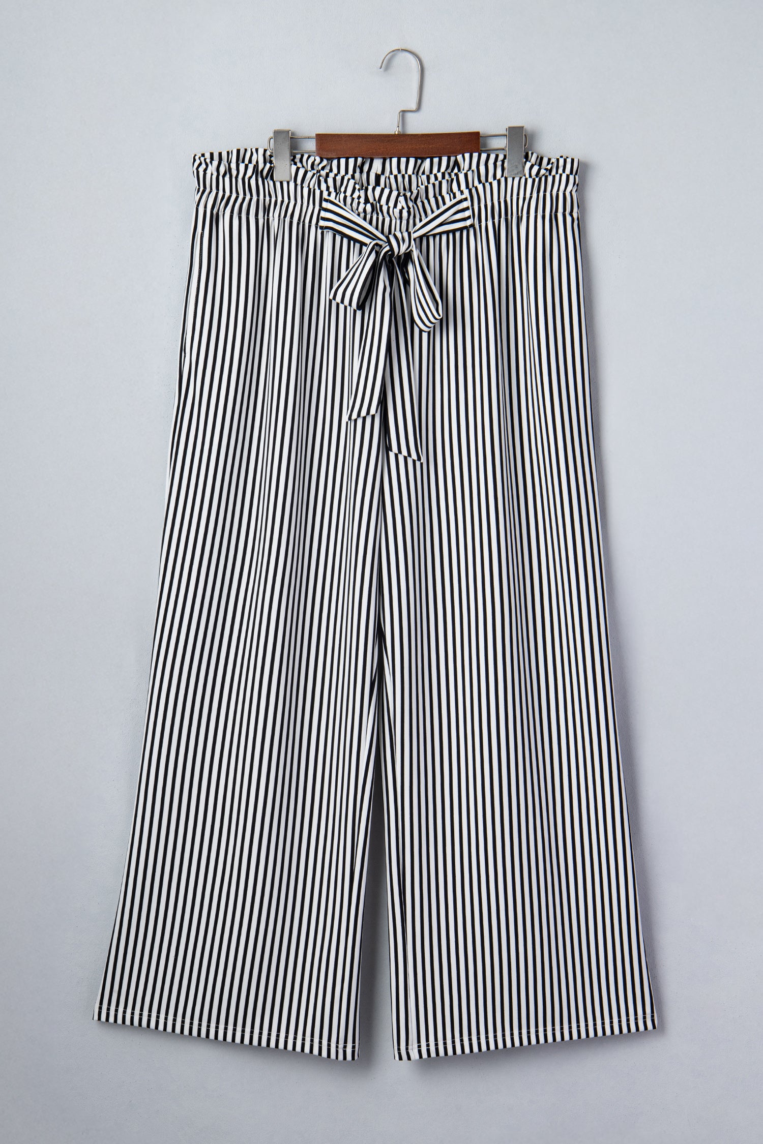 Plus Size Black Stripe Wide Leg Pants – Ruffle Bow Waist