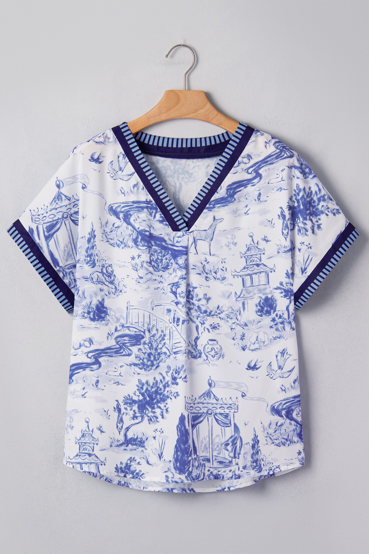 Wild Animal Paradise Striped Trim V Neck Short Sleeve Blouse – Blue