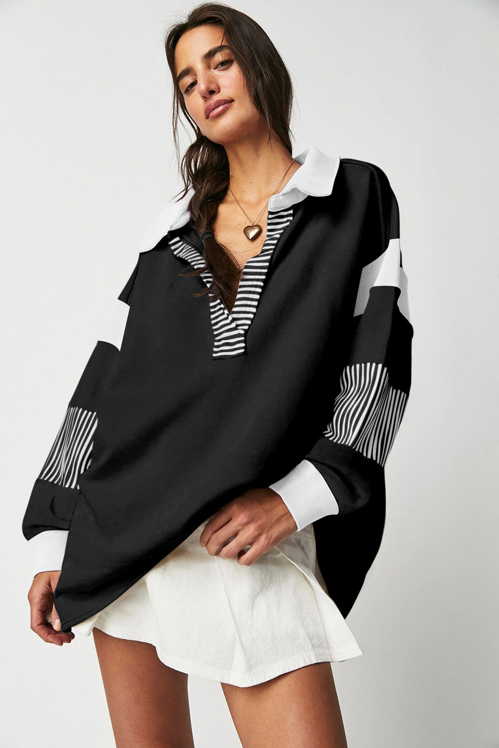 Black Striped Colourblock Patchwork Collar Sweatshirt eAura