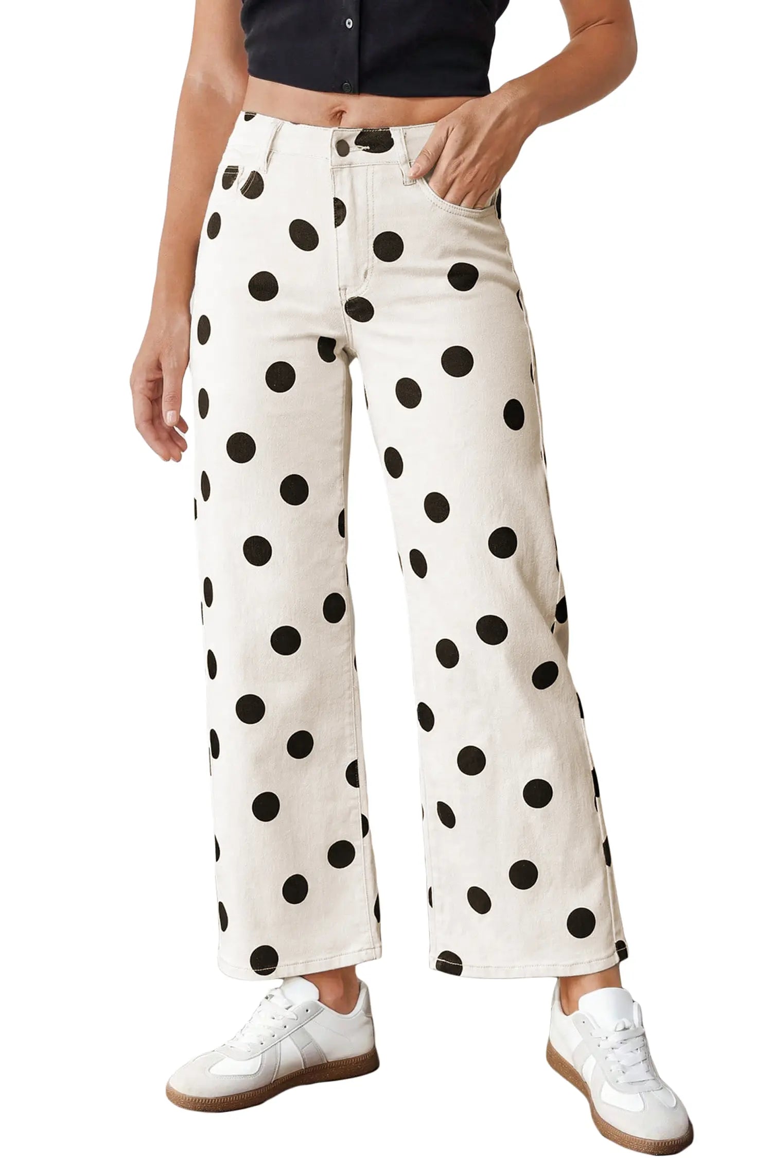 White Polka Dot Print Wide Leg Ankle-Length Jeans