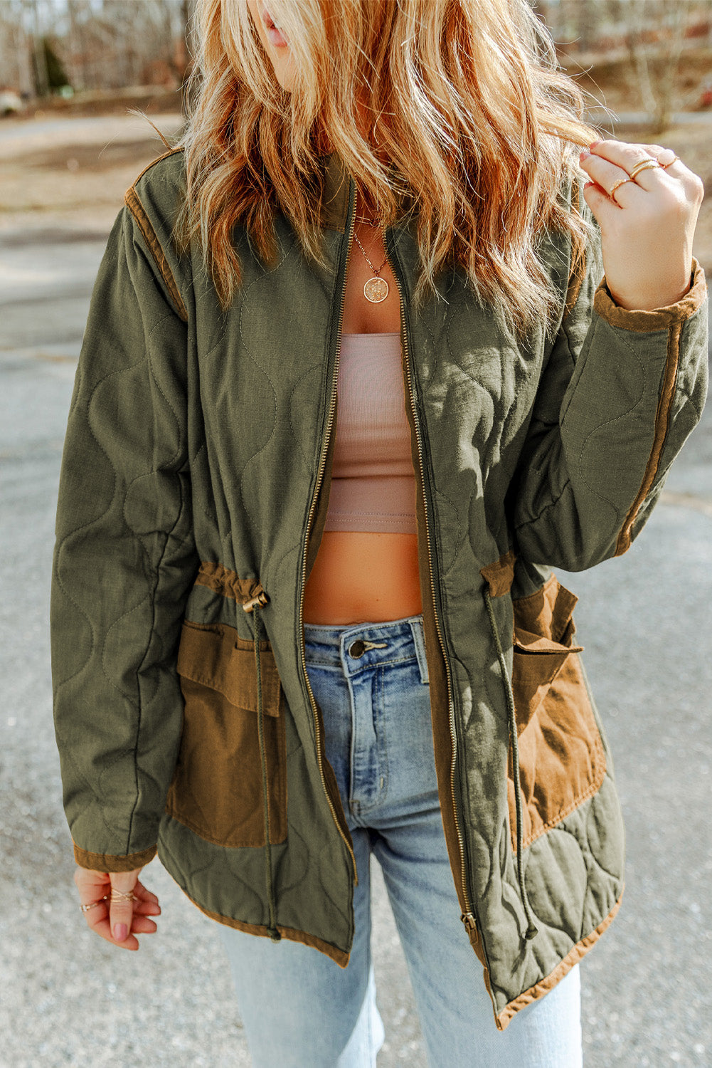 Green Stitching Quilted Drawstring Jacket Beagle Boutique Fashion Outlet
