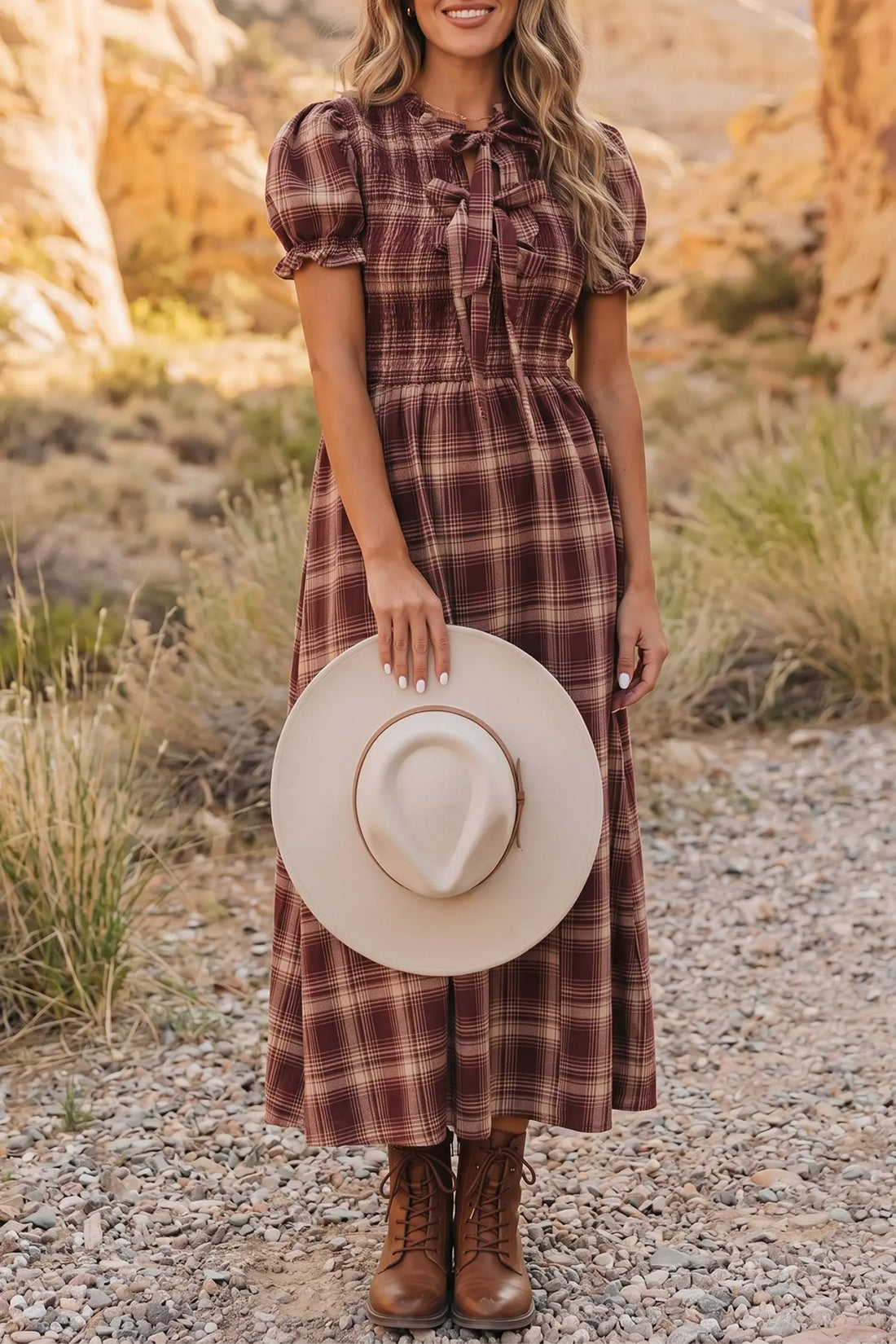 Vintage Plaid Knot Front Smocked High Waist Midi Dress – Red