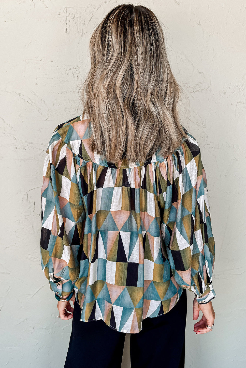 Green Geometric Print Buttoned Balloon Sleeve Loose Fit Shirt BB Fashion Outlet