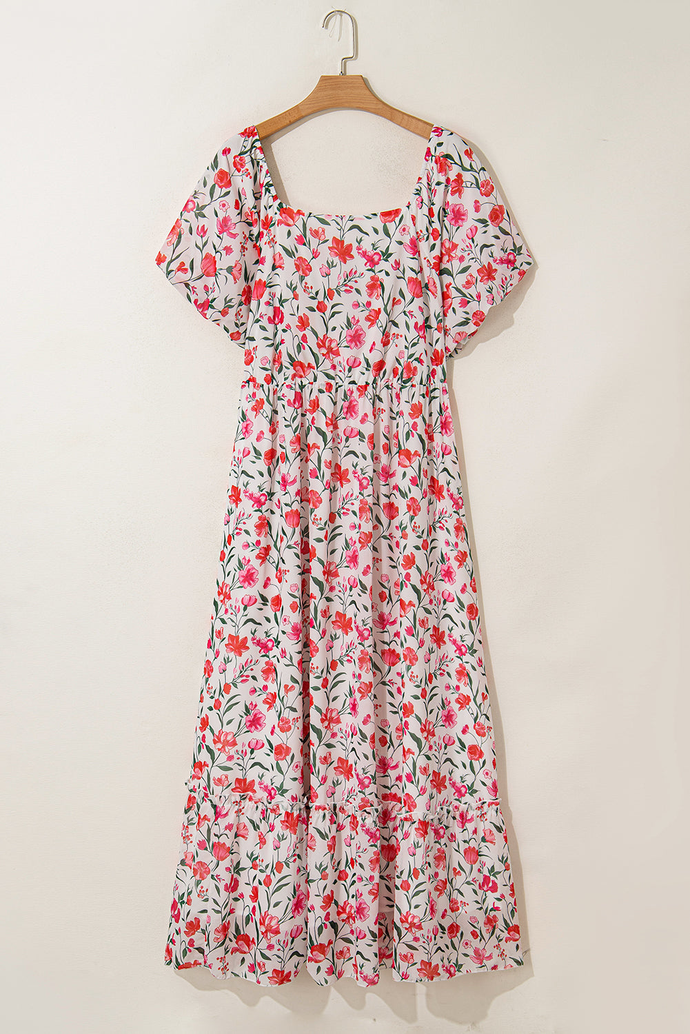 Pink Plus Size Floral Square Neck Puff Sleeve Ruffle Maxi Dress BB Fashion Outlet