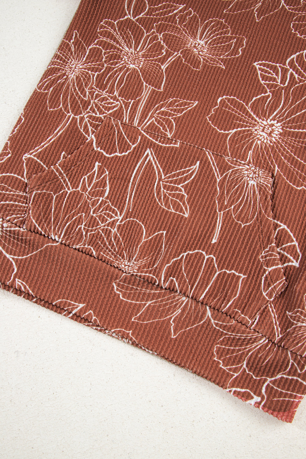 Brown Floral Rib Drawstring Kangaroo Pocket Hoodie - eAura