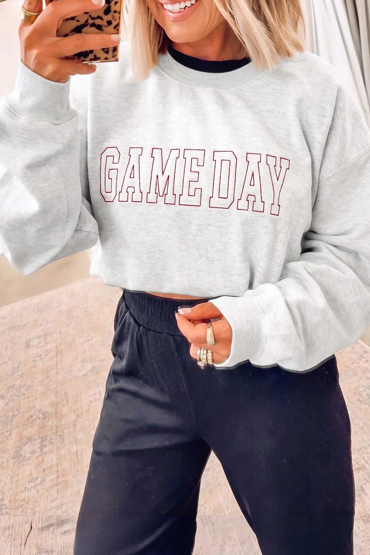 Game Day Letter Embroidery Long Sleeve Round Neck Sweatshirt – Light Grey
