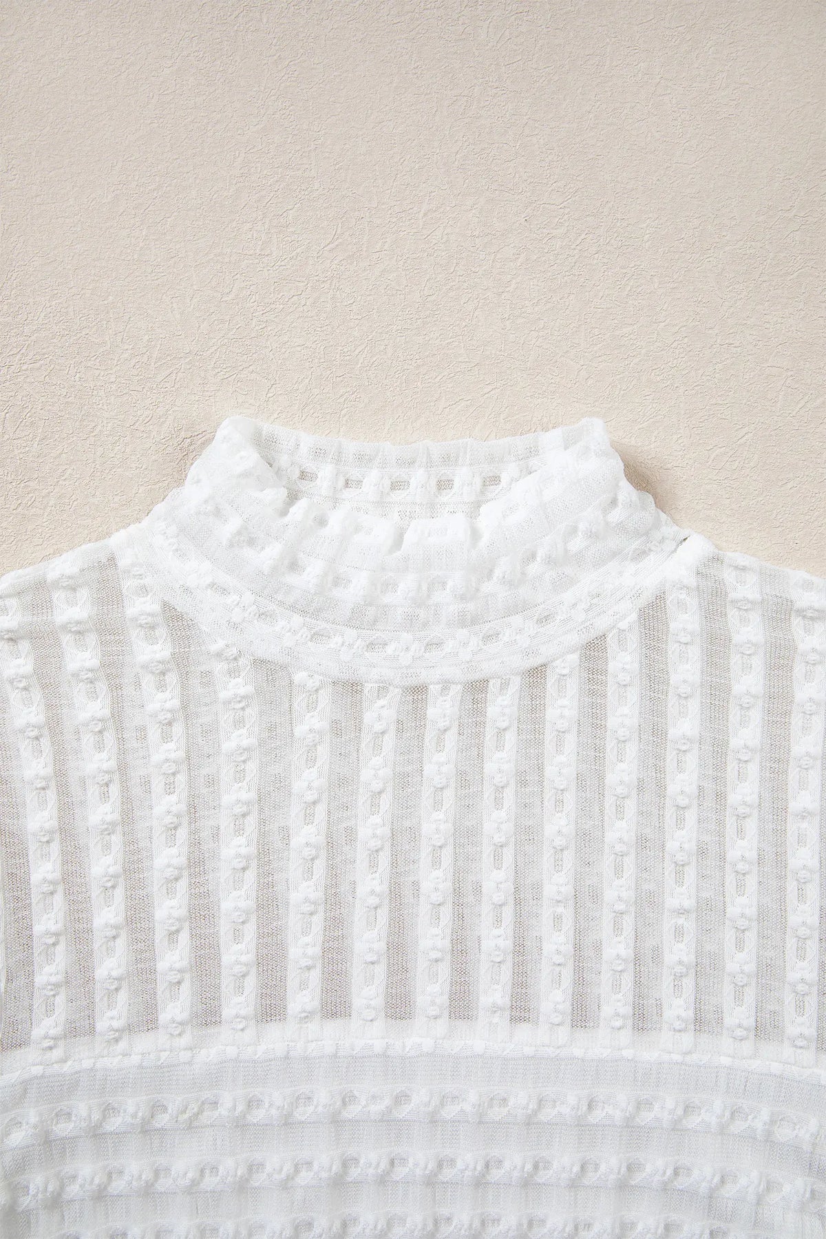 Textured Sheer Lace High Neck Long Sleeve Top – Beige