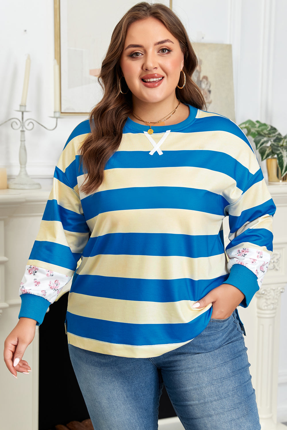 Blue Stripe Floral Color Block Drop Shoulder Plus Size Pullover Top - Size/Plus Sweatshirts & Hoodies