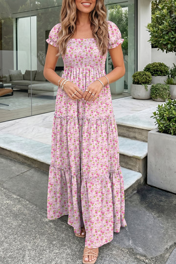 Floral Short Bubble Sleeve Shirred High Waist Maxi Dress – Pink
