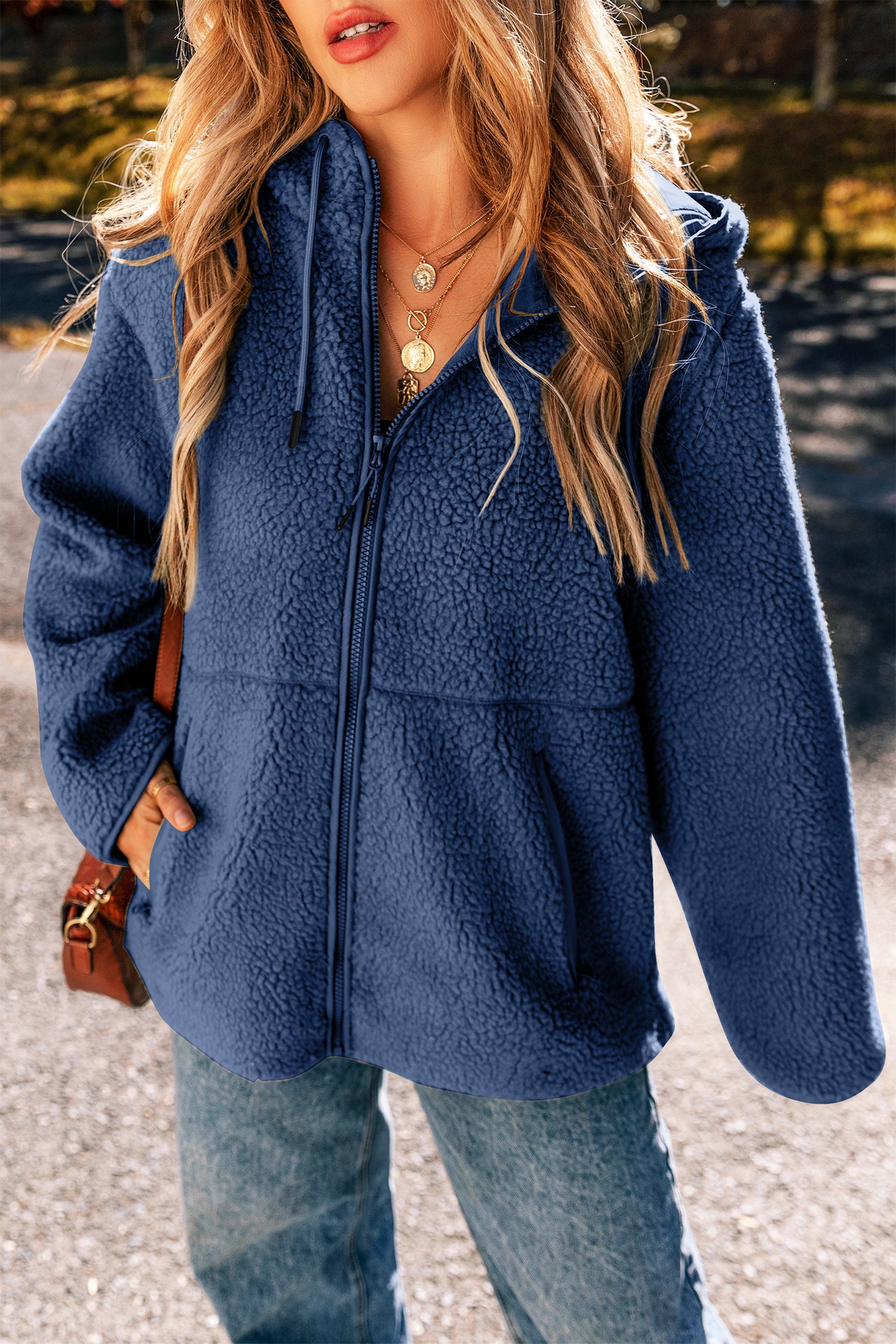 Fleece Zip Up Drawstring Hooded Pocketed Jacket