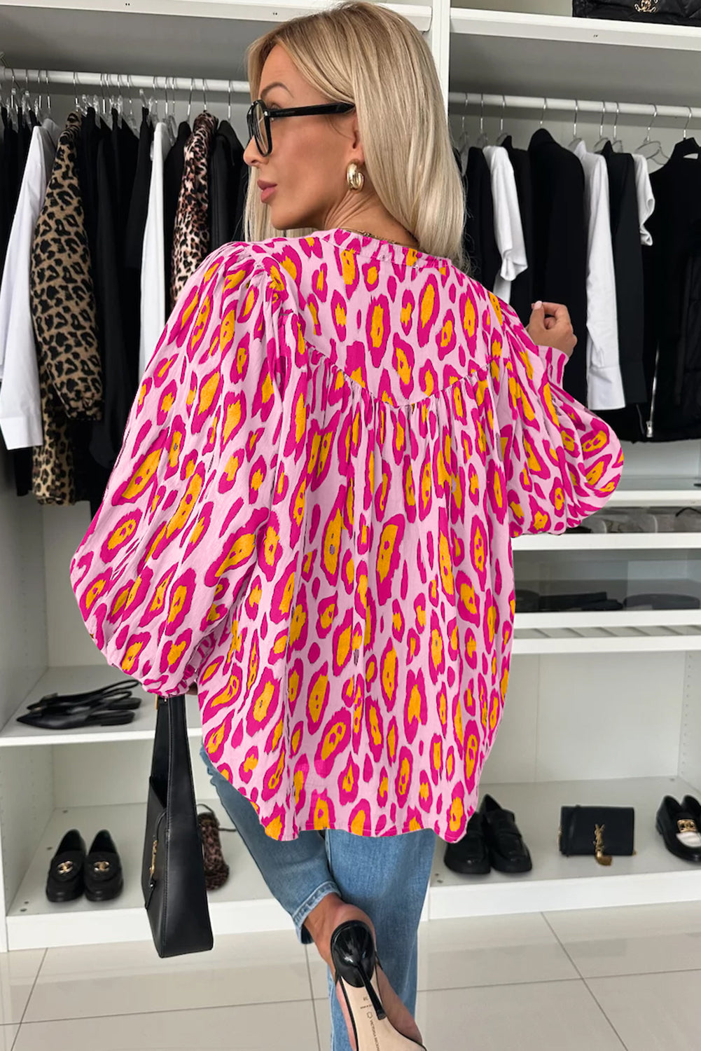 Rose Red Oversized Leopard Print Balloon Sleeve Casual Shirt eAura